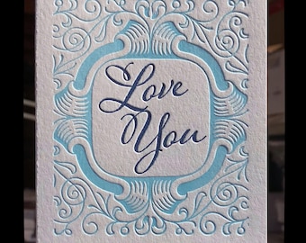 Letterpress "Love You" folded note card with vintage frame
