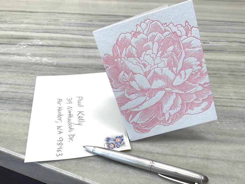 Peony letterpress folded note card from vintage engraving image 5