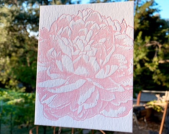 Peony letterpress folded note card from vintage engraving