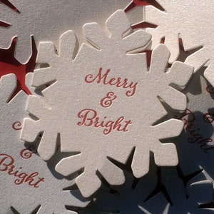 Snowflake-shaped Letterpress Holiday cards, "Merry & Bright", shimmery cards, set of 4