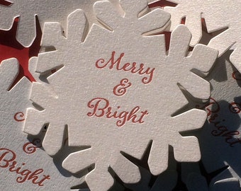 Snowflake-shaped Letterpress Holiday cards, "Merry & Bright", shimmery cards, set of 4