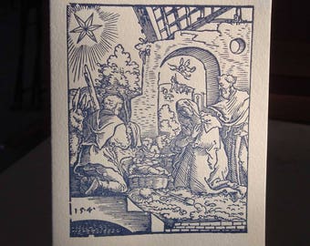 Letterpress Christmas cards, Nativity Renaissance woodcut art, circa 1540, set of 4