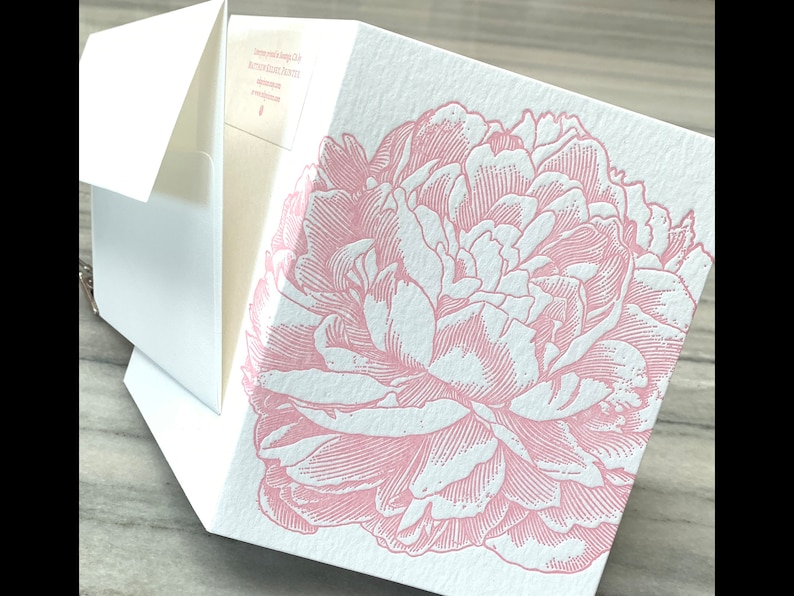 Peony letterpress folded note card from vintage engraving image 3