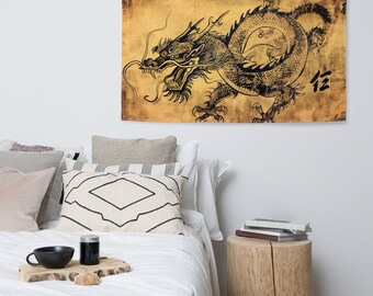 Eastern Elegance: Vintage Wall Flag with Dragon Print - A Timeless Décor Statement!