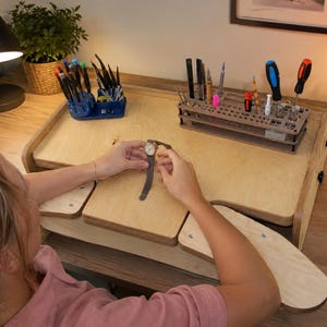 Plywood Watchmaking Jewelry Workbench, Adjustable Height, Ergonomic Armrests, Handmade Craftsmanship