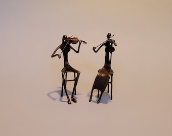 Modernist Sculpture Pair Cast Bronze Violinists by Artist Bernard Kim Mid Century Modern