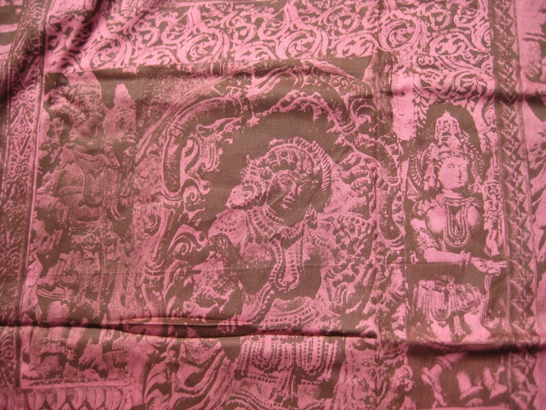 Wadtex Print Fabric Remnant Pink Shiva Buddha 1970s Vintage South Asia India Hindu Deities 1.9 Yards