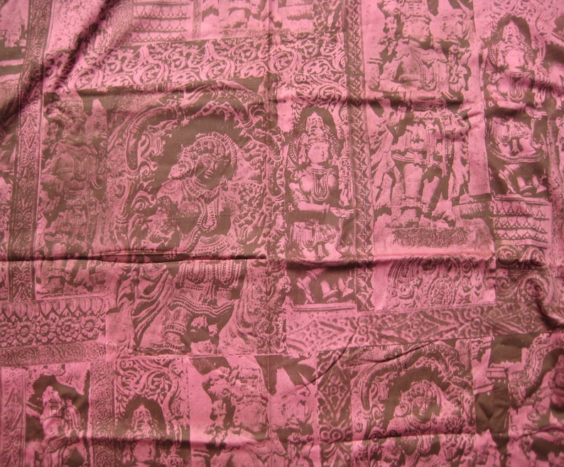 Wadtex Print Fabric Remnant Pink Shiva Buddha 1970s Vintage South Asia India Hindu Deities 1.9 Yards