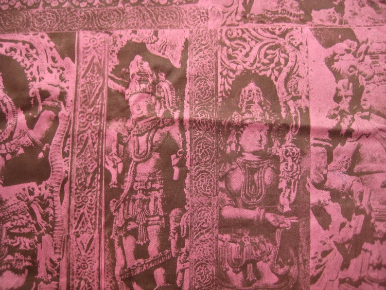 Wadtex Print Fabric Remnant Pink Shiva Buddha 1970s Vintage South Asia India Hindu Deities 1.9 Yards