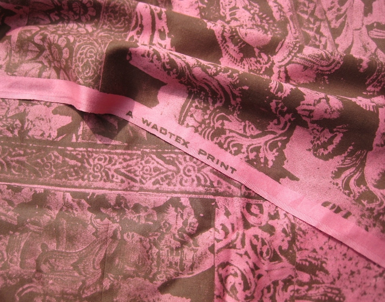 Wadtex Print Fabric Remnant Pink Shiva Buddha 1970s Vintage South Asia India Hindu Deities 1.9 Yards