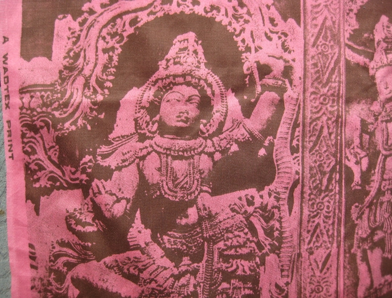Wadtex Print Fabric Remnant Pink Shiva Buddha 1970s Vintage South Asia India Hindu Deities 1.9 Yards