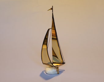 Large 18 inch Brass Sailboat Sculpture Signed 1970s Modern Decor