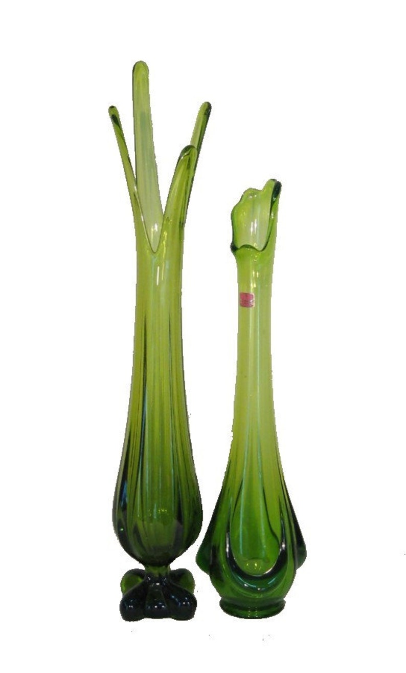 2 Vintage Viking Glass Tall Vases Swung Green Stretch Pair Etsy