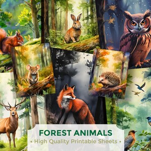 Animaux de la forêt, nature, imprimable, journal indésirable, scrapbooking, travaux manuels, papier, fabrication de cartes, téléchargement numérique, mignon, renard, souris, carte postale, ATC