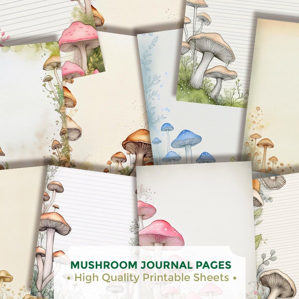 Mushroom Journal Sheets, Nature, Printable, Junk Journal, Scrapbook, Craft, Paper, Card Making, Writing, Blank, Lined, Journal, Pages