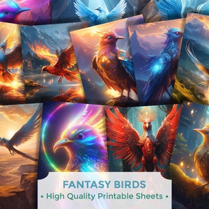 Fantasievogels, magisch, afdrukbaar, rommeldagboek, plakboek, ambacht, papier, kaarten maken, digitale download, fantasie, feniks