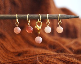 Set of 5 stitch markers with sunstone - rose - 1 of 5 can be used as progress markers - knitting accessories