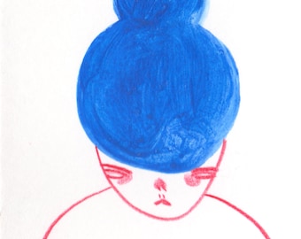 May include: Illustration of a person with a blue bun hairstyle, red facial features, and a red outline. The artwork is on a white background, with a simple, minimalist style.