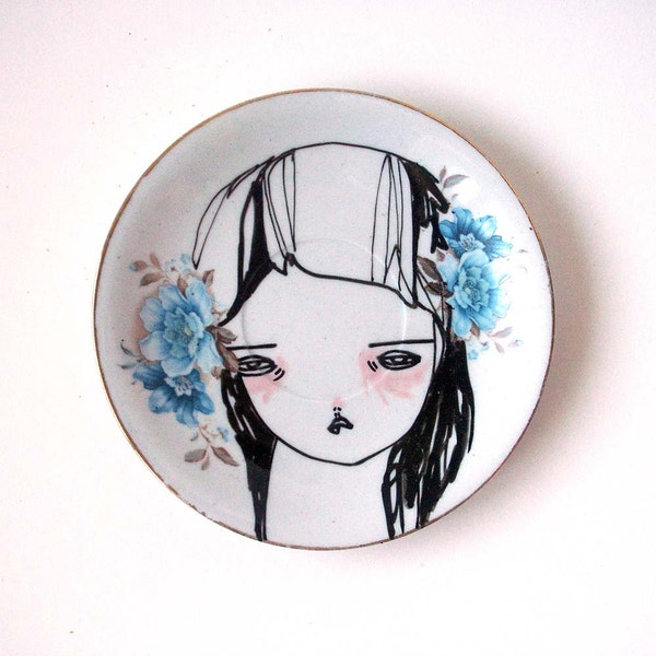 hand painted plate -girl with flowers