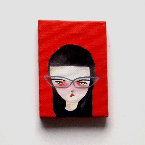 small painting-original art- portrait-girl with glasses-smarter than her ex