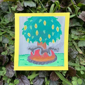 May include: A hand-drawn illustration of a green tree with yellow fruit growing from its branches. The tree is rooted in a red and orange base with black smoke coming from it. The background is a grey and white striped pattern. The image is signed "T.M. Secula".