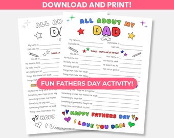 Fathers Day questionnaire coloring page, All about my dad printable, Fill in the blank activity from child.