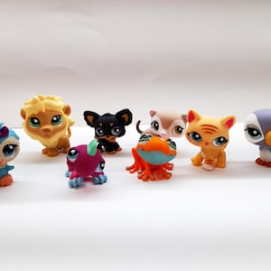 Könnte beinhalten: Eine Sammlung bunter, kleiner Plastiktierfiguren. Das Sortiment umfasst einen Löwen, einen Hund, eine Katze, eine Eule, einen Frosch und andere Kreaturen. Jede Figur hat große Augen und ist farbenfroh.