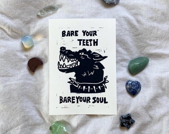 Wolf Linocut Print "Bare Your Soul" 5"x7" | Hand Printed Original Carved Linocut | Black and White Dog Aesthetic Wall Art Illustration Gift