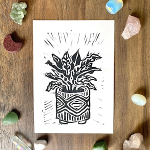 Plant Linocut Print &quot;Rattlesnake&quot; 5&quot;x7&quot; | Hand Printed Original Carved Linocut | Black and White Botanical Leaf Wall Art Illustration Gift