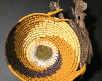 Handmade driftwood basket art, earth tones, 10 by 3.5 inches
