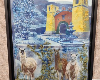 Lamas in the courtyard- encaustic cyanotype painting.