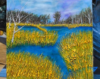 Sunny day in the marsh - encaustic painting.