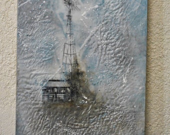 Misty Windmill = encaustic wax painting.