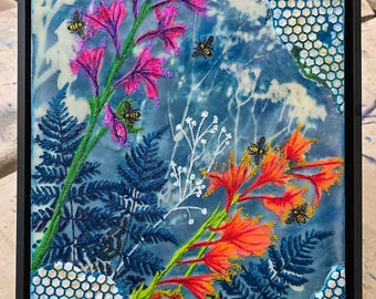 Garden Sanctuary - cyanotype and encaustic painting