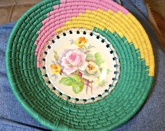 Pink and yellow roses basket - handmade basket.