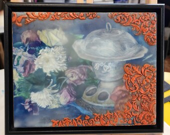 Still life with flowers and bird feeder - mixed media painting.