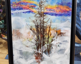 Foggy Mountain Sunset - encaustic painting