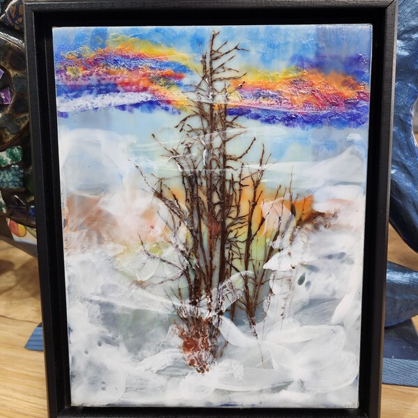 Foggy Mountain Sunset - encaustic painting
