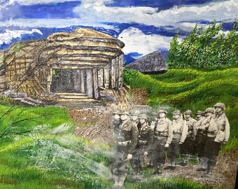 Soldiers at Point Du Hoc - encaustic mixed media painting, WWII