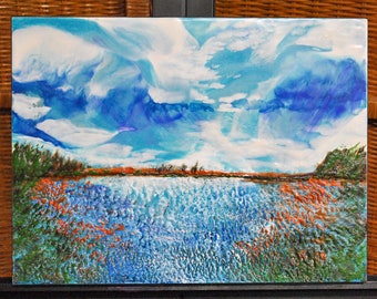 Marsh at twilight - encaustic painting.
