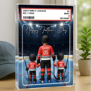 Hockey sur glace n° 1 papa grand-père homme et enfants style carte à collectionner personnalisée bloc acrylique, cadeau de fête des pères pour hockey papa, mari