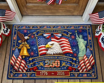 Personalized USA 250th Anniversary Doormat, Custom Family Name Patriotic Welcome Mat