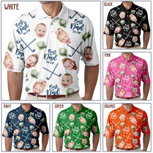 Puede incluir: Una camisa de golf blanca, negra, rosa, azul marino, verde y naranja con un patr&oacute;n de pelotas de golf, palos de golf y el texto "Best Dad By Par".