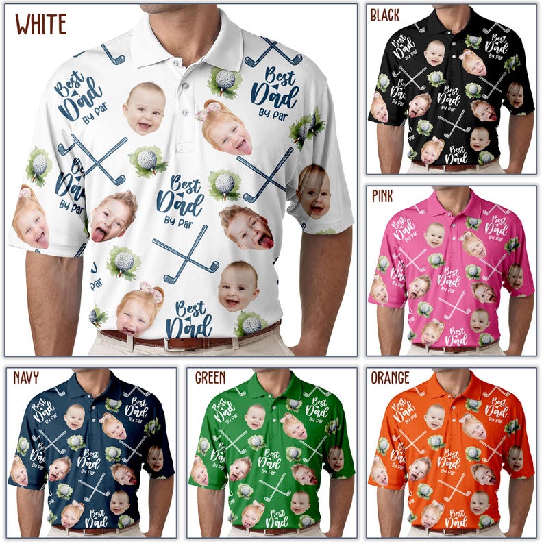 Puede incluir: Una camisa de golf blanca, negra, rosa, azul marino, verde y naranja con un patr&oacute;n de pelotas de golf, palos de golf y el texto "Best Dad By Par".