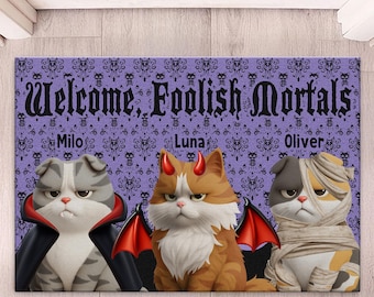 Welcome Foolish Mortals Cat Doormat: Personalized Halloween Decor