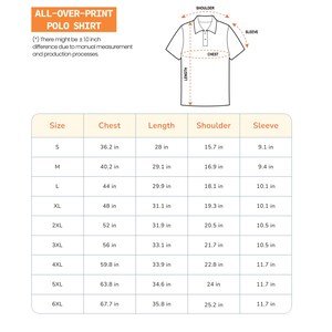 Puede incluir: Tabla de tallas para una camiseta polo de impresi&oacute;n integral. La tabla muestra las medidas en pulgadas para el pecho, la longitud, el hombro y la manga para las tallas S a 6XL.