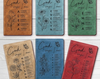 Diario Cristiano Personalizado – Cuaderno de Cuero con Flor de Nacimiento, "Dios Dice que Soy"