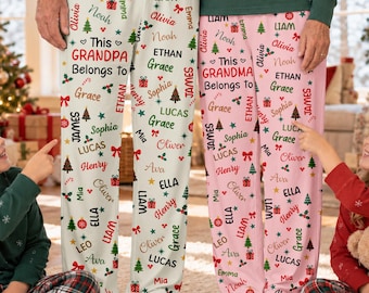 Gepersonaliseerde pyjamabroek voor oma en opa, gepersonaliseerde kerstloungebroek en joggingbroek met namen van kleinkinderen, cadeau voor grootouders