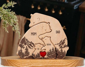 Rompecabezas personalizado de madera con forma de familia de osos: recuerdo grabado en madera de haya.