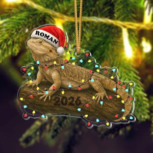 May include: A flat, clear acrylic Christmas ornament featuring a bearded dragon resting on a brown log. The lizard wears a red and white Santa hat with the name ROMAN printed on it. The log displays the year 2026 and is wrapped in colourful lights.